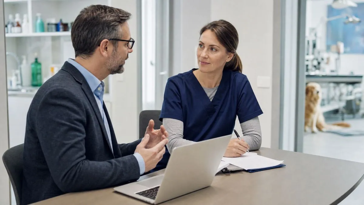 Veterinary practice owner discussing how to find buyers for a potential practice sale