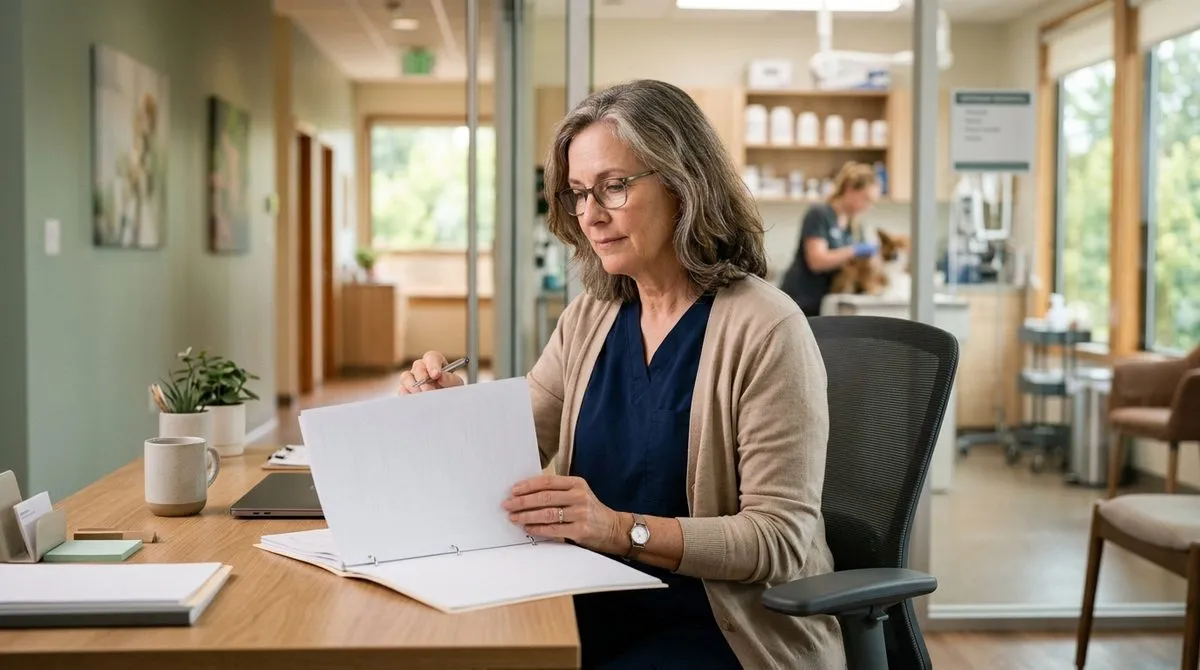 Veterinary practice owner reviewing a post-sale agreement and earn-out terms inside an animal hospital