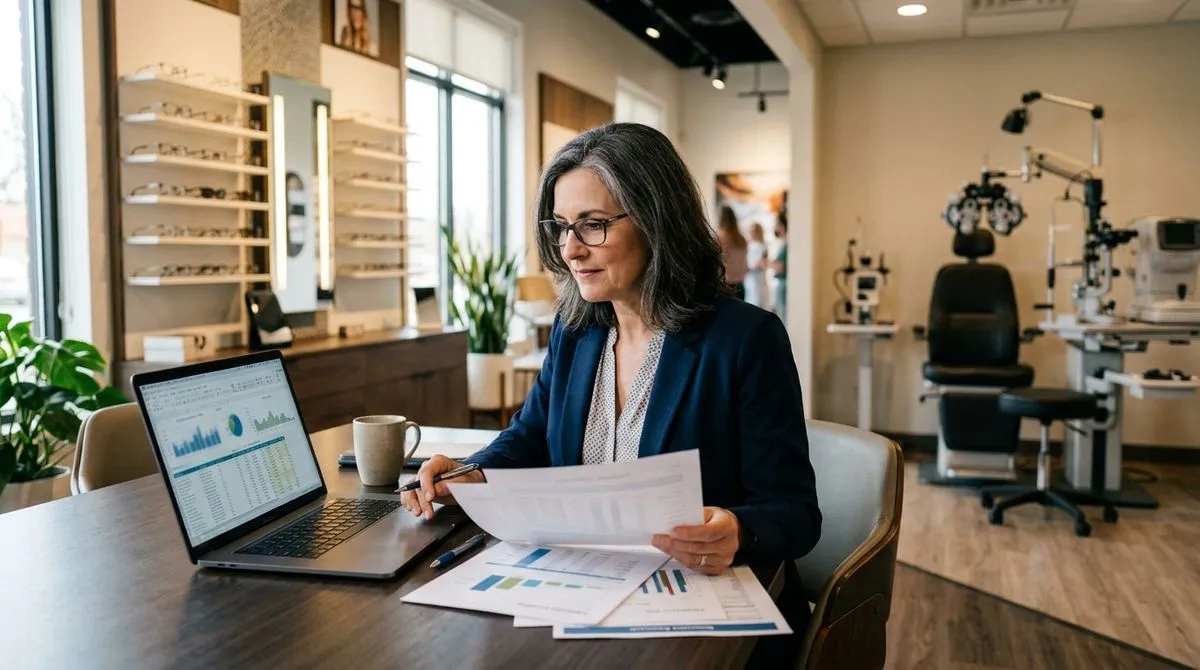 Optometry practice owner reviewing valuation documents and financial performance before a potential sale
