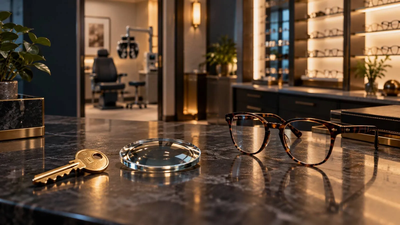 Optical retail counter with a storefront key, diagnostic lens and eyeglass frames, representing the parts of an optometry practice a buyer might value