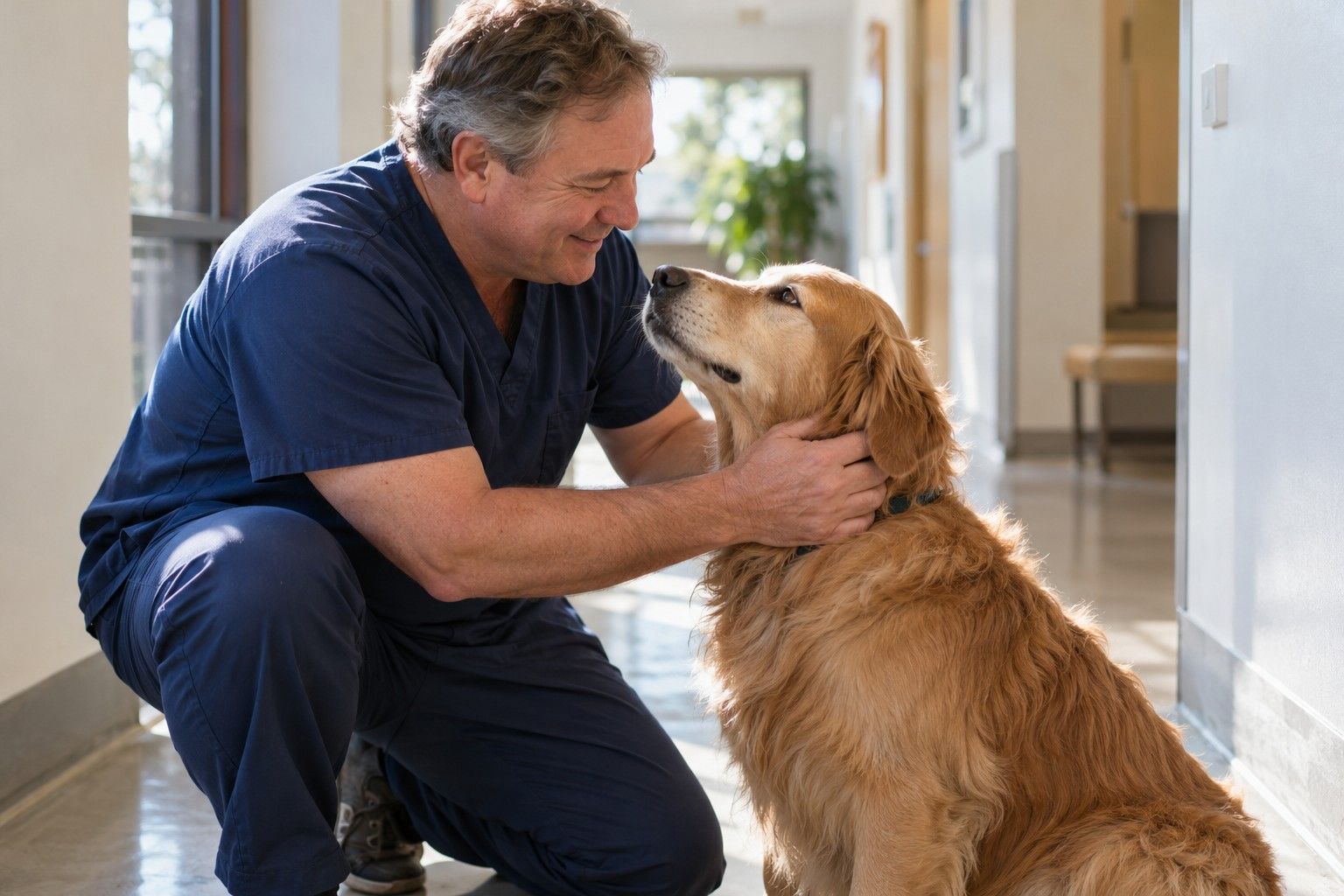 A veterinarian kneeling to greet a dog in a clinic